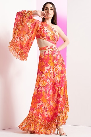 Pink Chiffon & Crepe Asymmetric Dress by Mandira Wirk - Resort