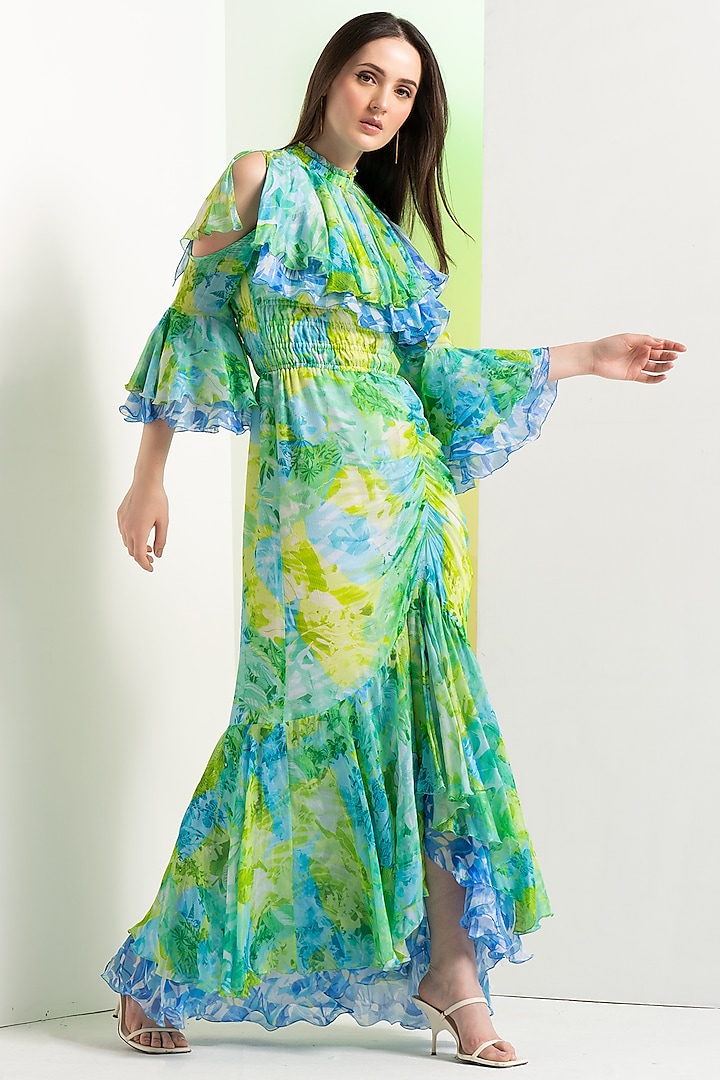 Multi-Colored Chiffon Fish-Cut Dress by Mandira Wirk