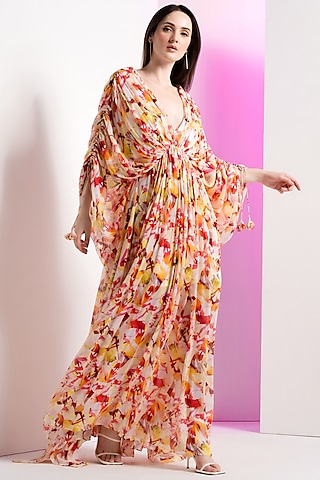 Yellow Chiffon Kaftan Dress by Mandira Wirk - Resort