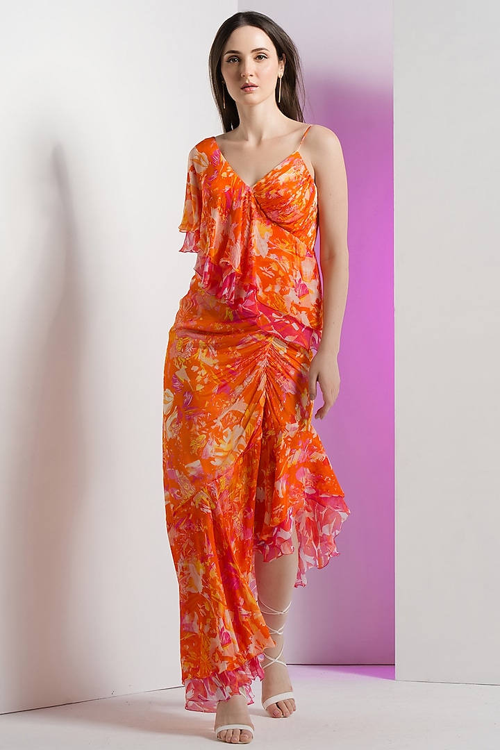 Saffron Chiffon Asymmetric Dress by Mandira Wirk