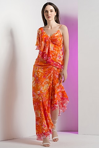 Saffron Chiffon Asymmetric Dress by Mandira Wirk - Resort