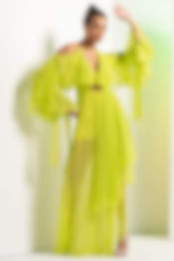 Lime Green Georgette Asymmetric Dress by Mandira Wirk