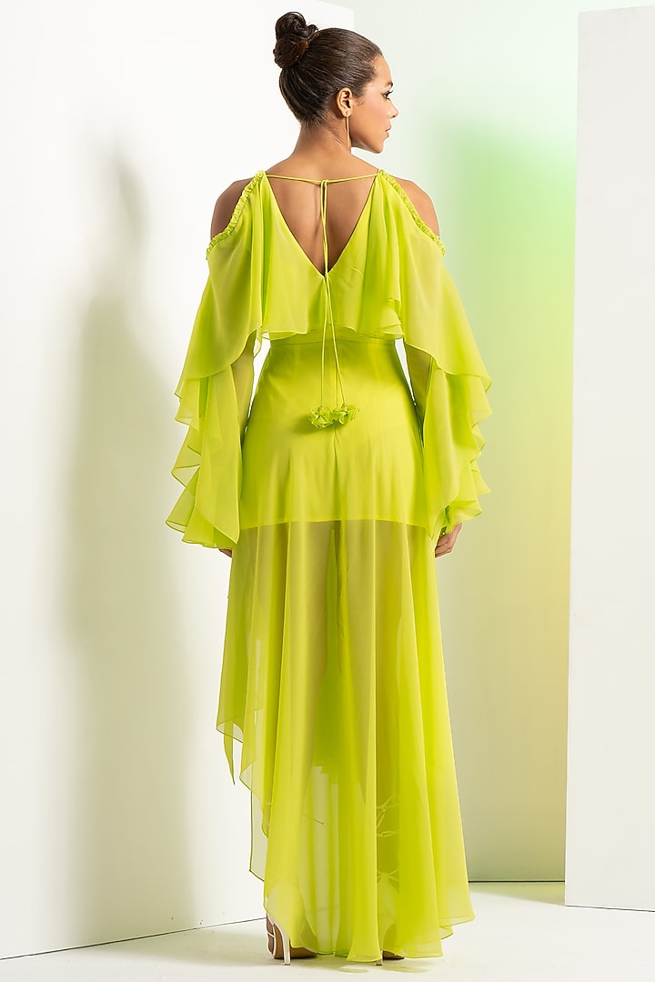 Lime Green Georgette Asymmetric Vacation Dress by Mandira Wirk - Resort at Pernia's Pop Up Shop