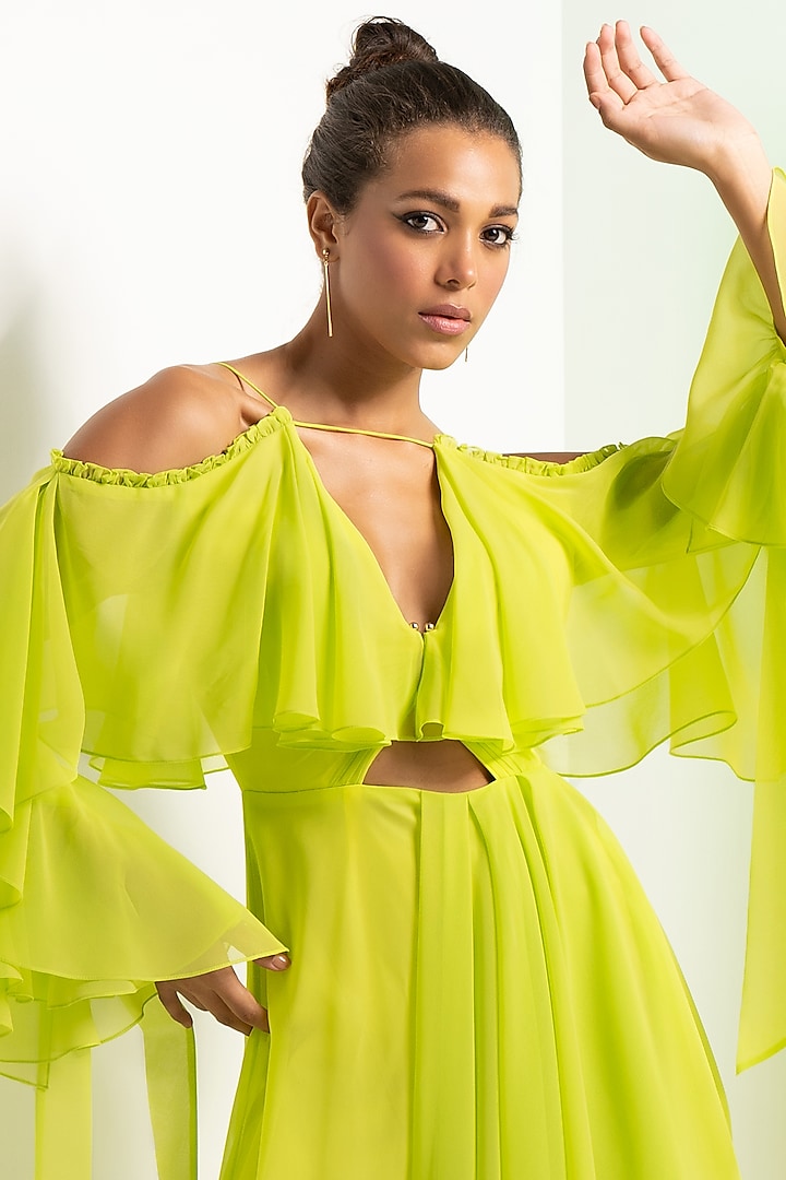 Lime Green Georgette Asymmetric Vacation Dress by Mandira Wirk - Resort at Pernia's Pop Up Shop
