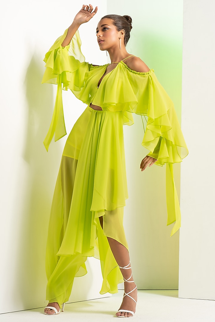 Lime Green Georgette Asymmetric Vacation Dress by Mandira Wirk - Resort at Pernia's Pop Up Shop