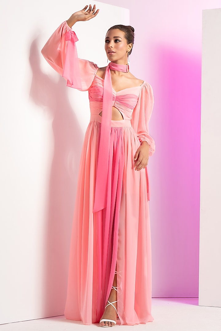 Fondant Pink Georgette Maxi Dress by Mandira Wirk