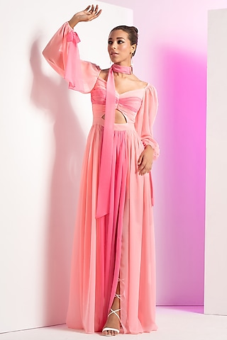 Fondant Pink Georgette Maxi Dress by Mandira Wirk - Resort