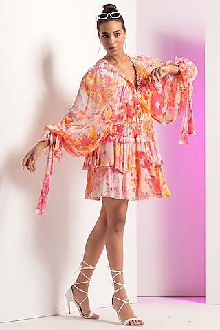 Red Chiffon Mini Tiered Dress by Mandira Wirk - Resort