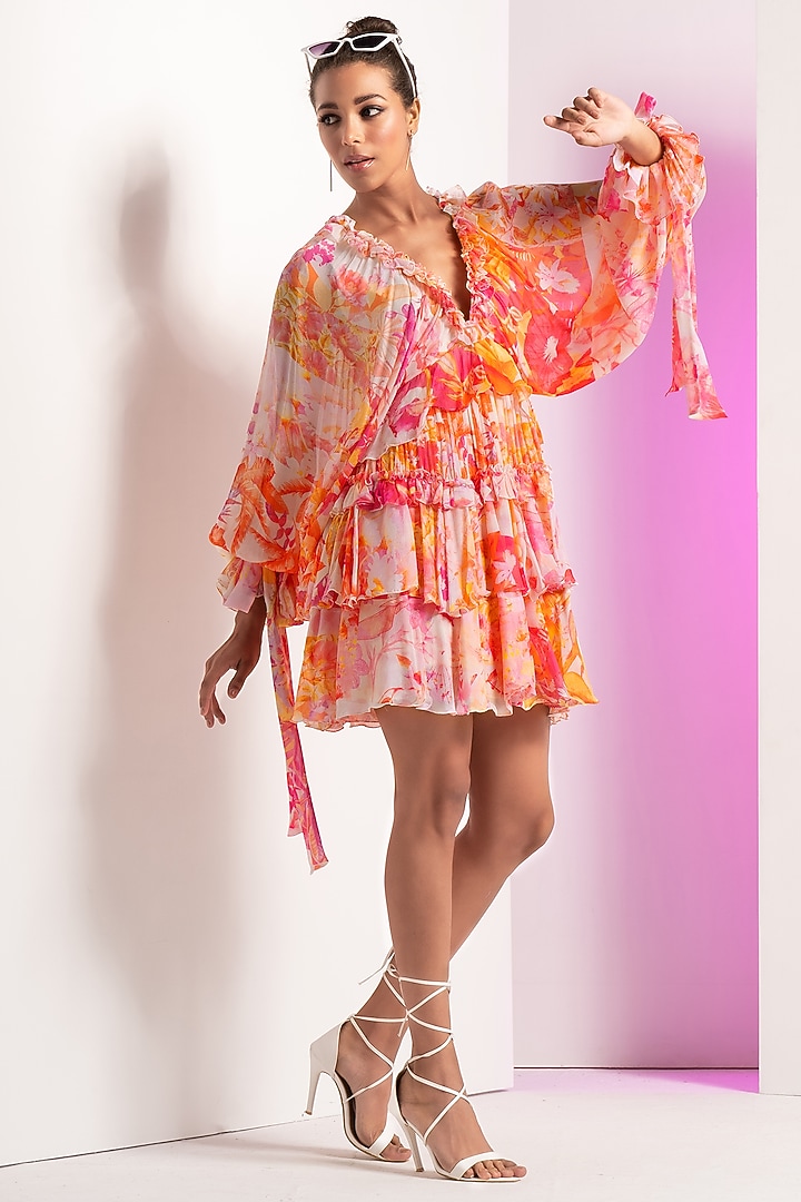 Red Chiffon Mini Tiered Vacation Dress by Mandira Wirk - Resort at Pernia's Pop Up Shop