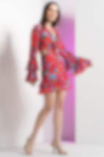 Multi-Colored Chiffon & Mesh Printed Mini Dress by Mandira Wirk