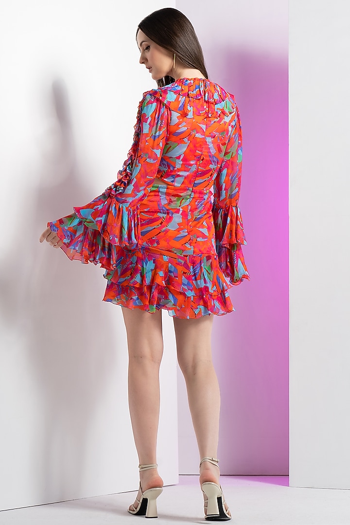Multi-Colored Chiffon & Mesh Printed Mini Vacation Dress by Mandira Wirk - Resort at Pernia's Pop Up Shop