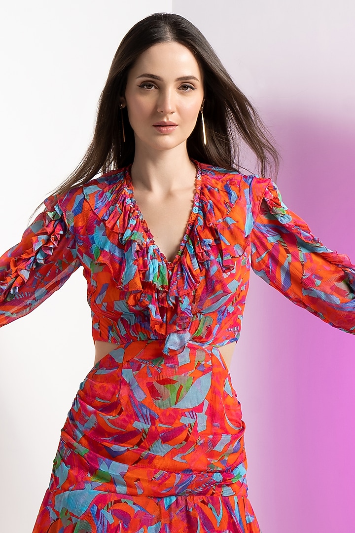 Multi-Colored Chiffon Mesh Printed Mini Dress by Mandira Wirk at