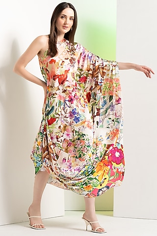 Multi-Colored Satin Floral Printed One-Shoulder Kaftan by Mandira Wirk - Resort