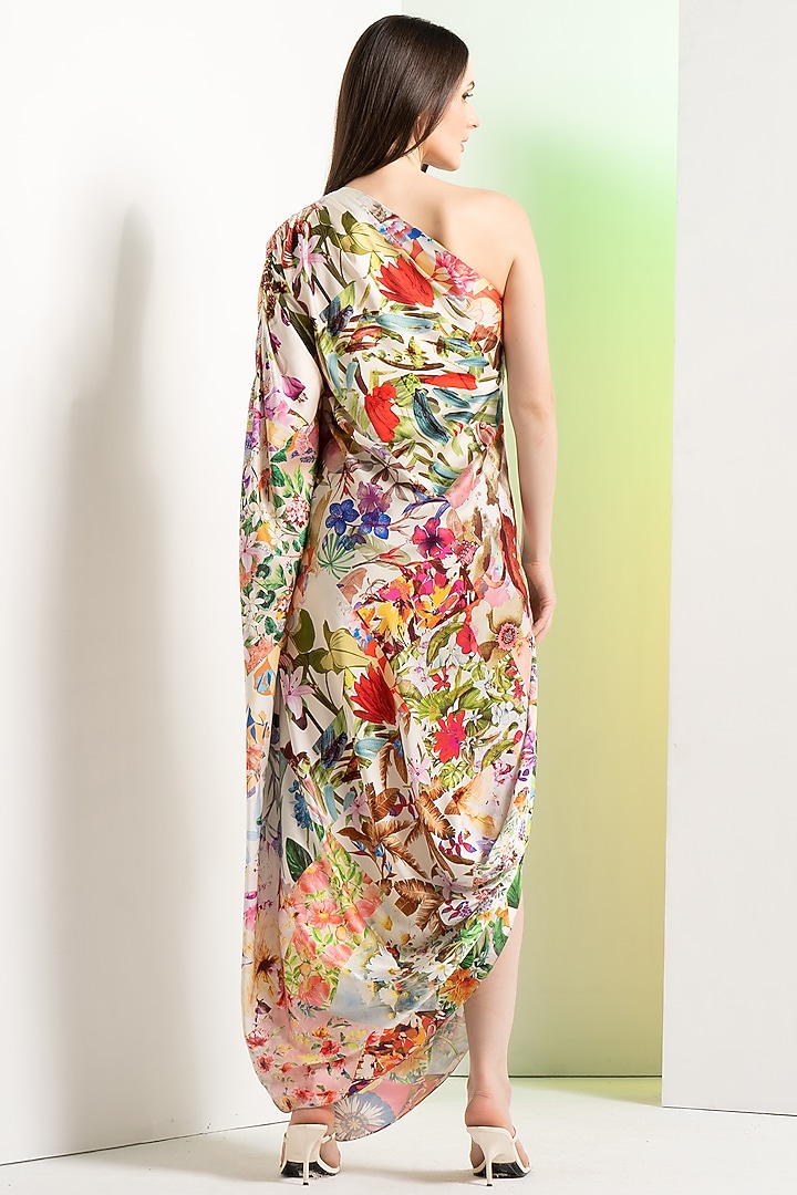 Multi-Colored Satin Floral Printed One-Shoulder Kaftan by Mandira Wirk - Resort at Pernia's Pop Up Shop