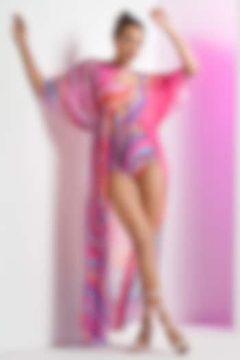 Pink Spandex Bodysuit With Cape by Mandira Wirk
