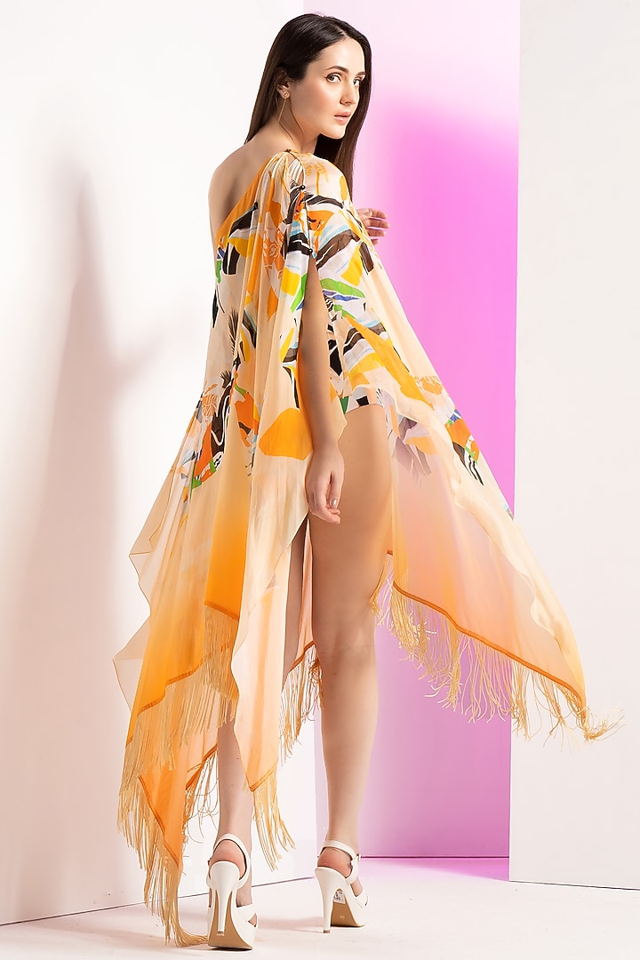 Yellow Spandex & Chiffon Bodysuit With Cape by Mandira Wirk - Resort at Pernia's Pop Up Shop