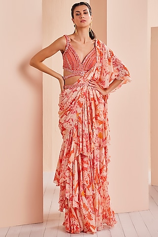Orange Lurex Georgette Printed Draped Saree Set by Mandira Wirk - Indian