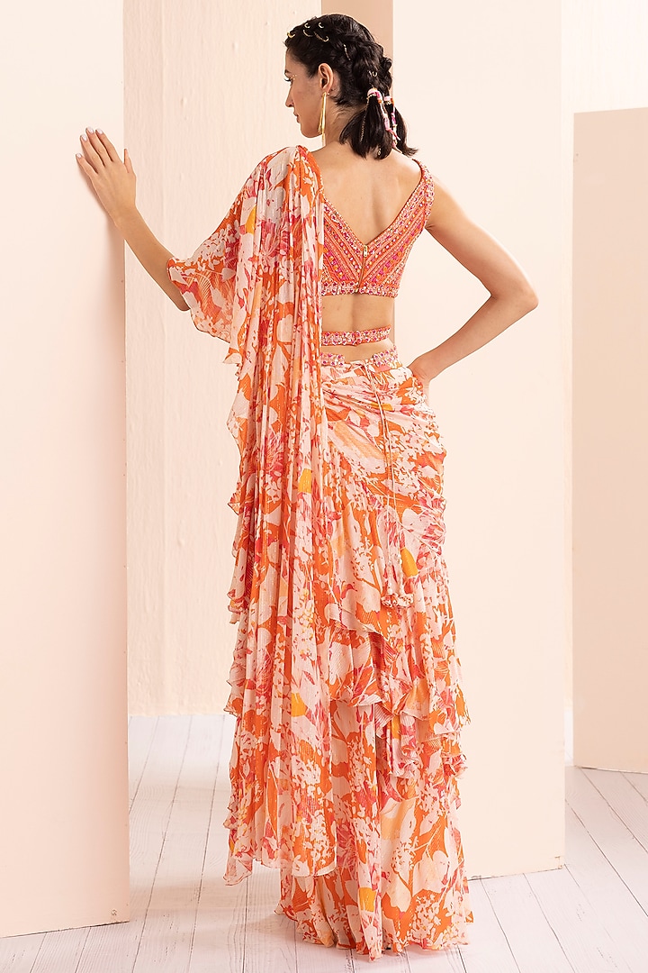 Orange Lurex Georgette Printed Draped Wedding Saree Set by Mandira Wirk - Indian at Pernia's Pop Up Shop