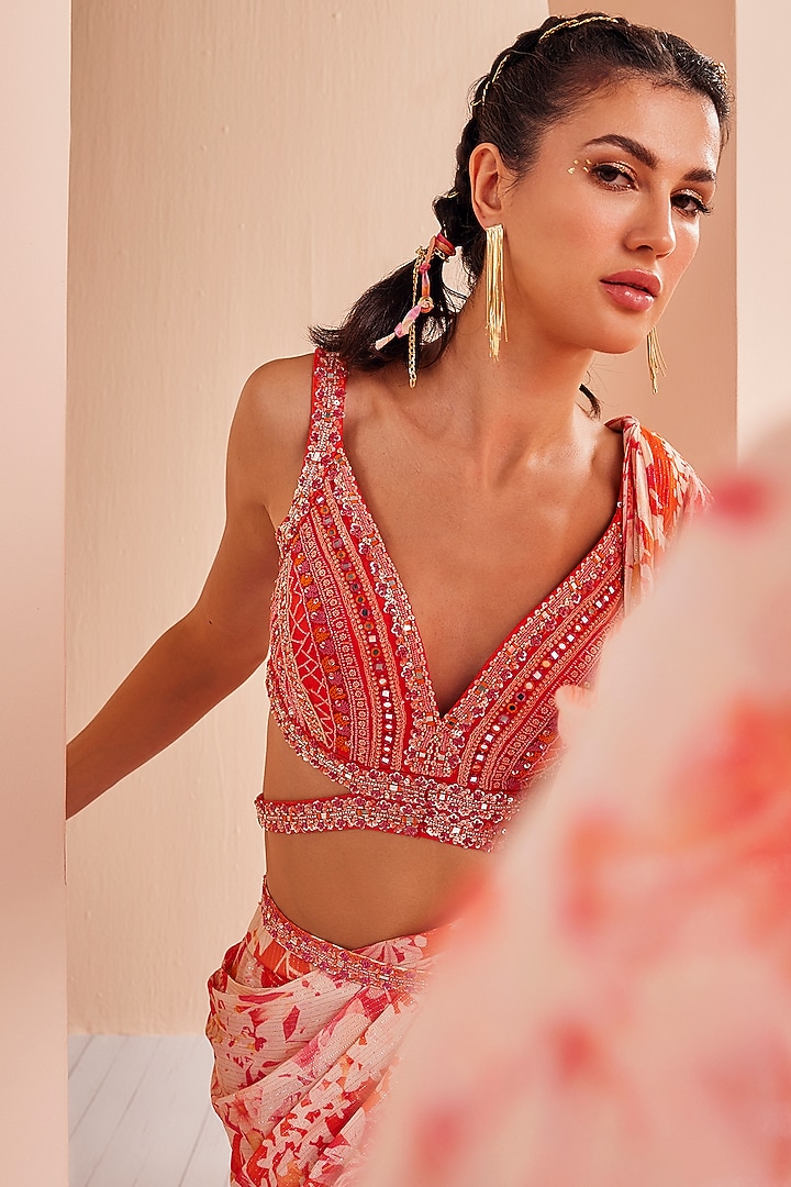 Orange Lurex Georgette Printed Draped Wedding Saree Set by Mandira Wirk - Indian at Pernia's Pop Up Shop