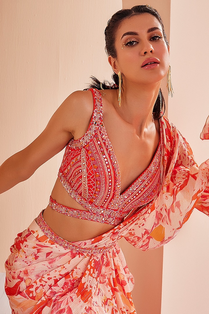 Orange Lurex Georgette Printed Draped Wedding Saree Set by Mandira Wirk - Indian at Pernia's Pop Up Shop
