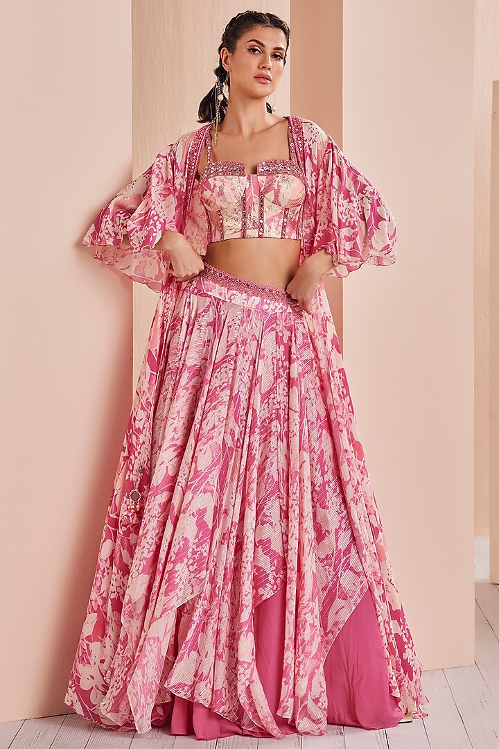 Pink Chiffon Printed Jacket Wedding Lehenga Set by Mandira Wirk - Indian at Pernia's Pop Up Shop