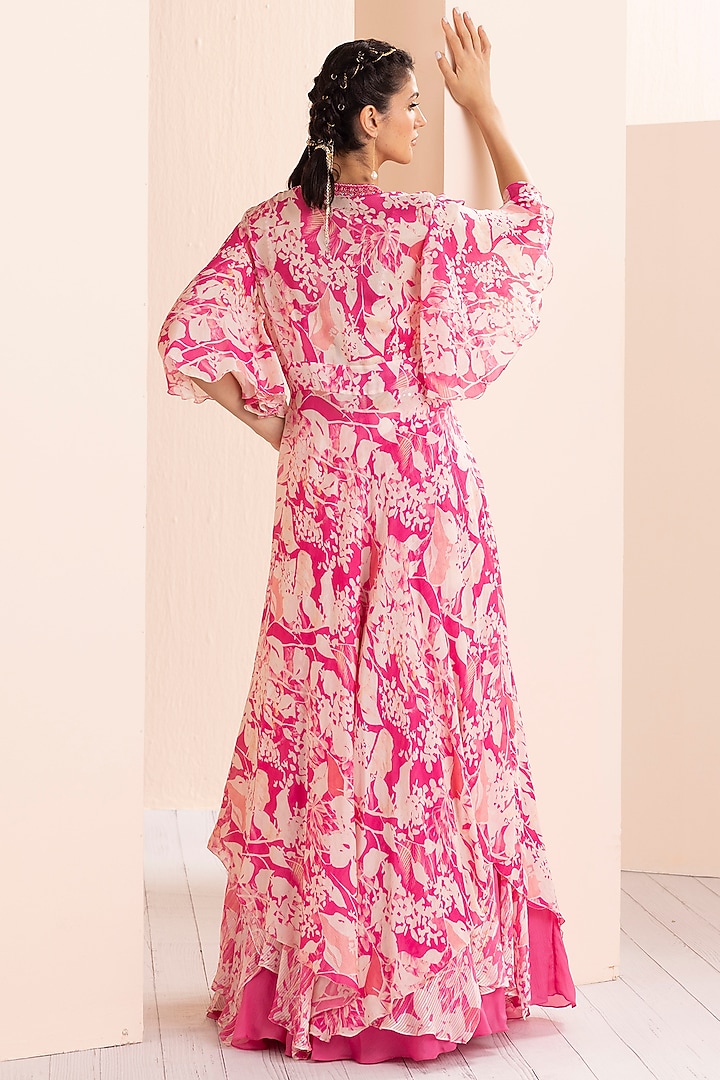 Pink Chiffon Printed Jacket Wedding Lehenga Set by Mandira Wirk - Indian at Pernia's Pop Up Shop