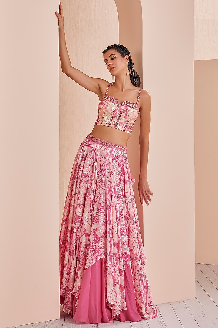 Pink Chiffon Printed Jacket Wedding Lehenga Set by Mandira Wirk - Indian at Pernia's Pop Up Shop