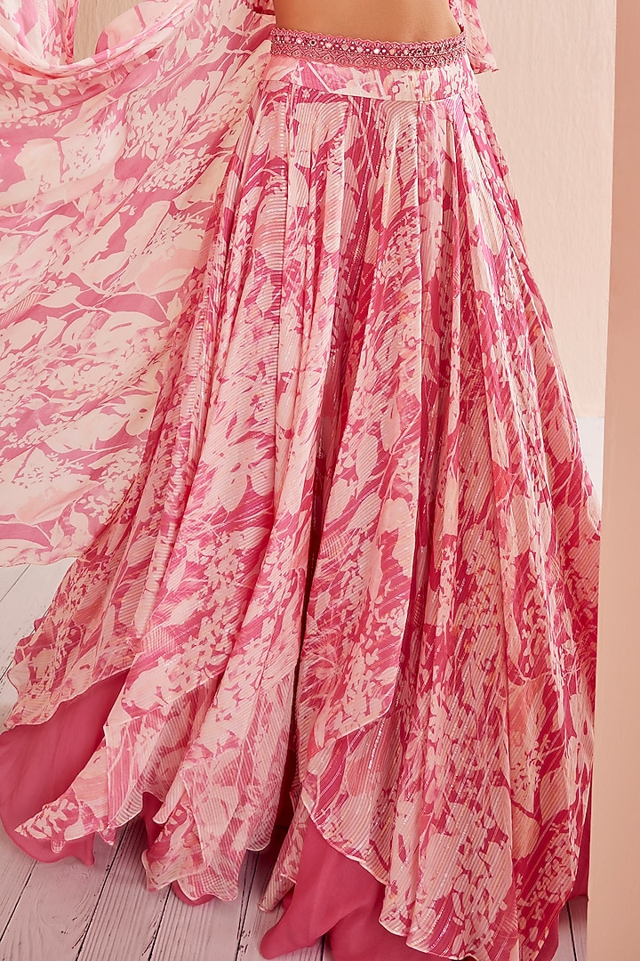 Pink Chiffon Printed Jacket Wedding Lehenga Set by Mandira Wirk - Indian at Pernia's Pop Up Shop