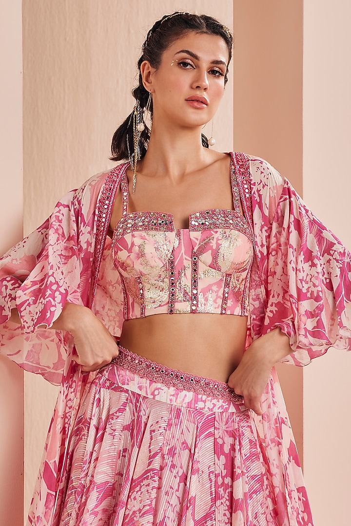 Pink Chiffon Printed Jacket Wedding Lehenga Set by Mandira Wirk - Indian at Pernia's Pop Up Shop