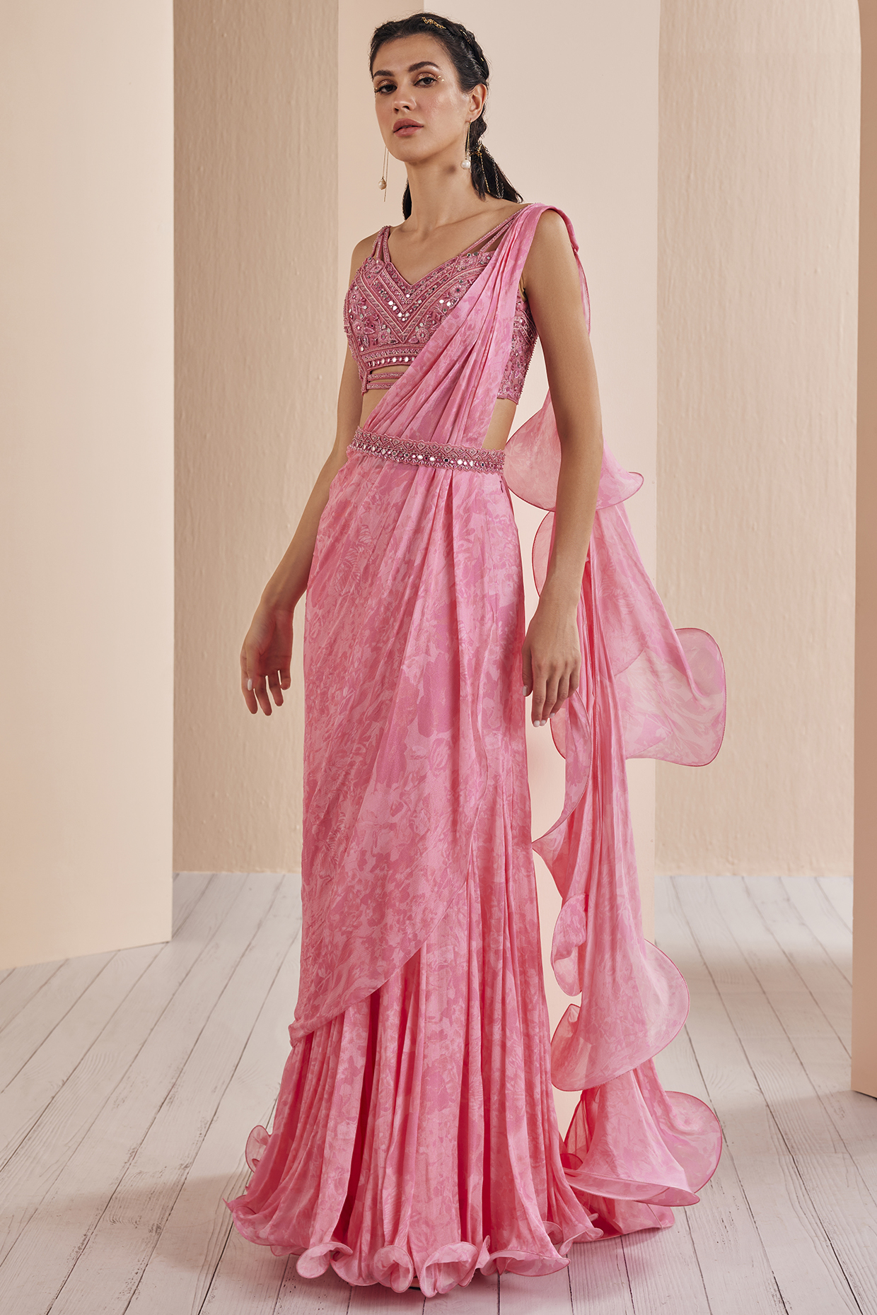 Pink Chiffon Printed Draped Wedding Saree Set by Mandira Wirk - Indian at Pernia's Pop Up Shop