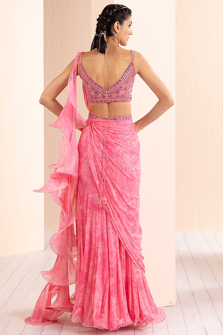 Pink Chiffon Printed Draped Wedding Saree Set by Mandira Wirk - Indian at Pernia's Pop Up Shop