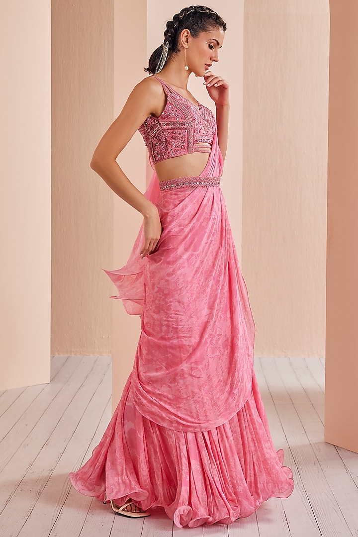 Pink Chiffon Printed Draped Wedding Saree Set by Mandira Wirk - Indian at Pernia's Pop Up Shop