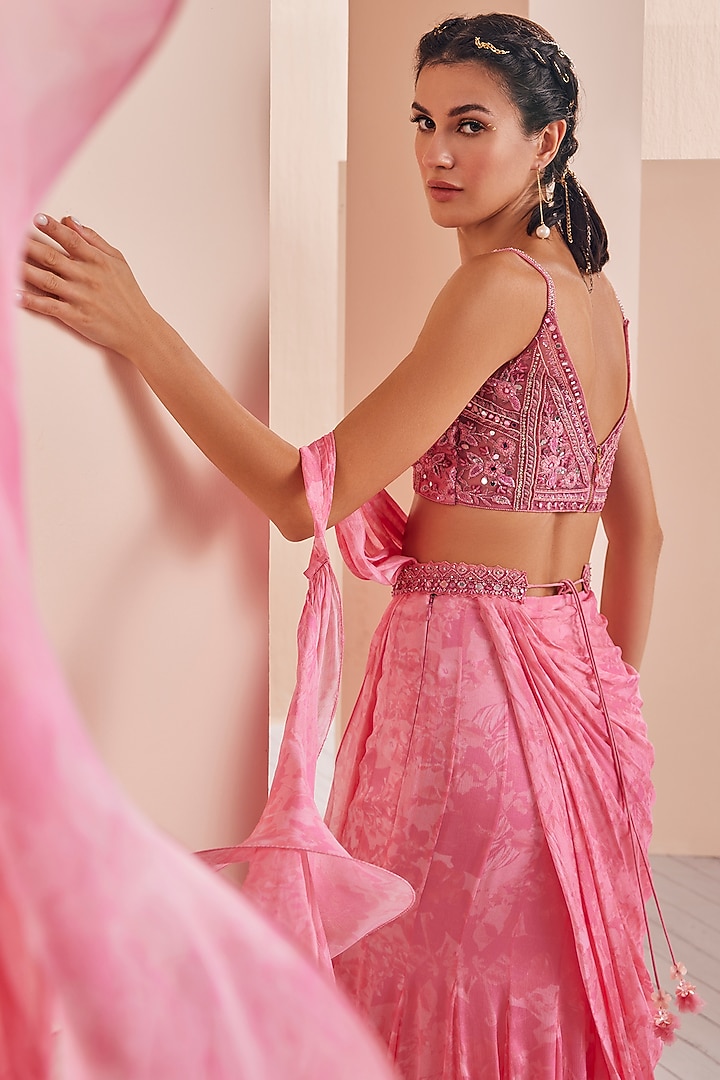 Pink Chiffon Printed Draped Wedding Saree Set by Mandira Wirk - Indian at Pernia's Pop Up Shop