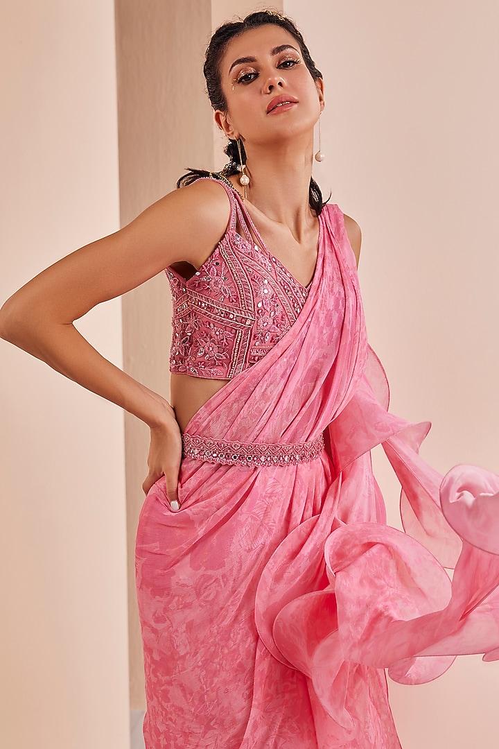 Pink Chiffon Printed Draped Wedding Saree Set by Mandira Wirk - Indian at Pernia's Pop Up Shop