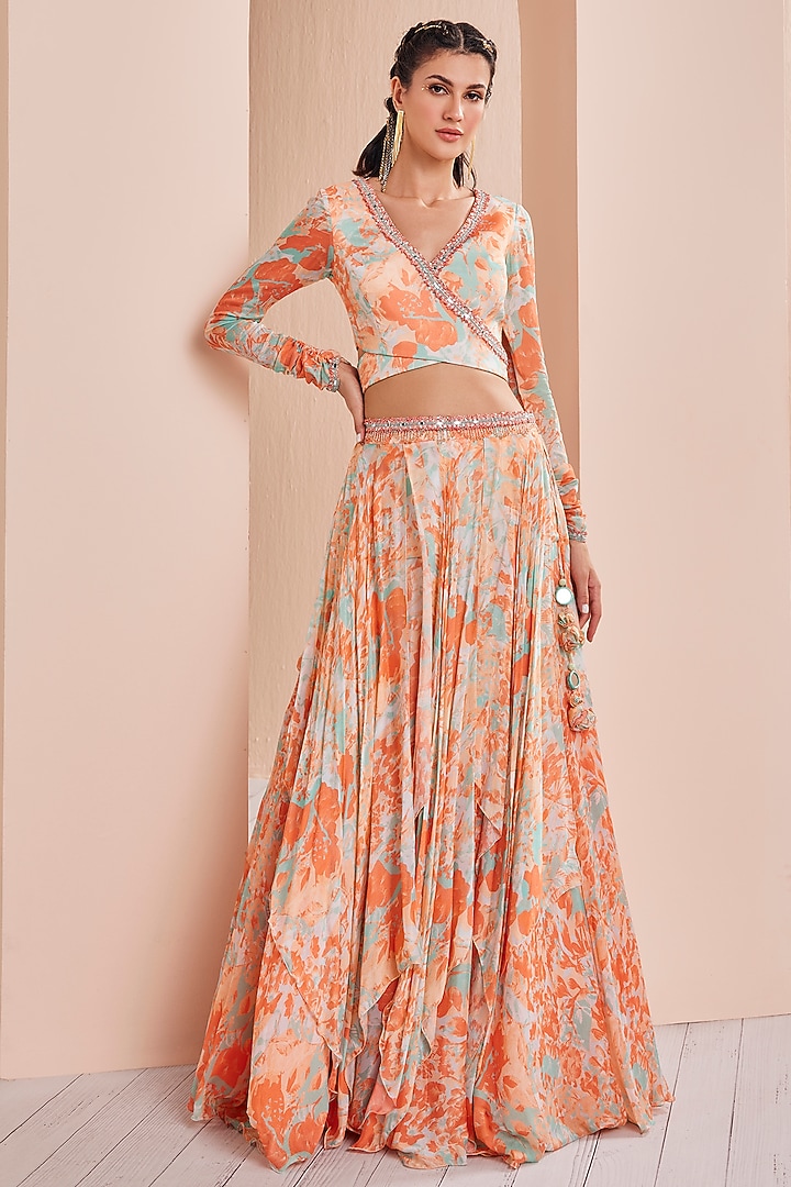 Bright Orange Printed Layered Wedding Lehenga Set by Mandira Wirk - Indian at Pernia's Pop Up Shop