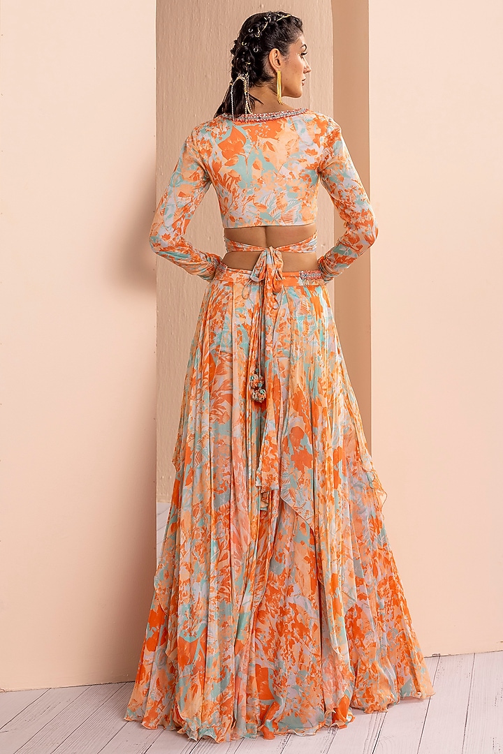 Bright Orange Printed Layered Wedding Lehenga Set by Mandira Wirk - Indian at Pernia's Pop Up Shop