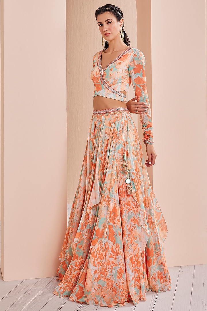 Bright Orange Printed Layered Wedding Lehenga Set by Mandira Wirk - Indian at Pernia's Pop Up Shop
