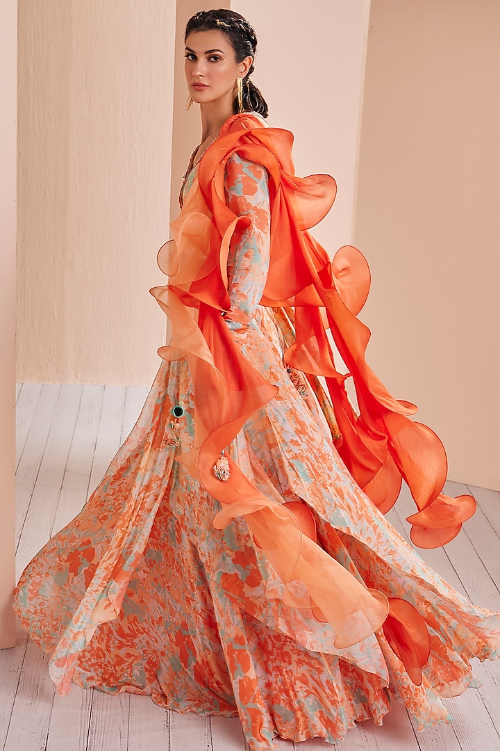Bright Orange Printed Layered Wedding Lehenga Set by Mandira Wirk - Indian at Pernia's Pop Up Shop