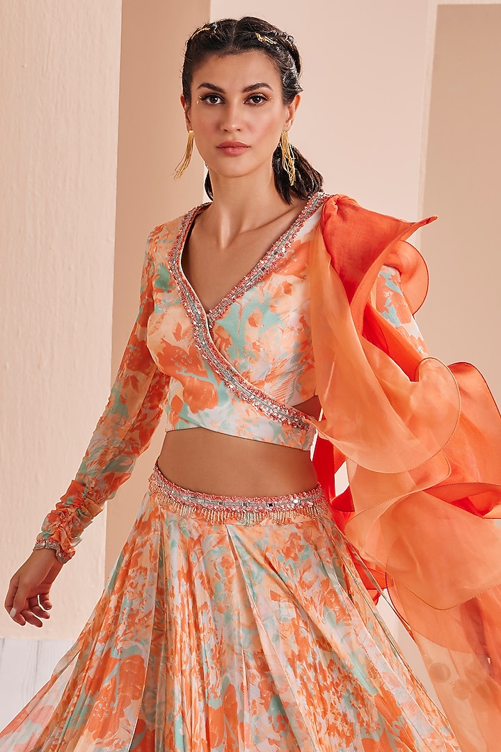 Bright Orange Printed Layered Wedding Lehenga Set by Mandira Wirk - Indian at Pernia's Pop Up Shop