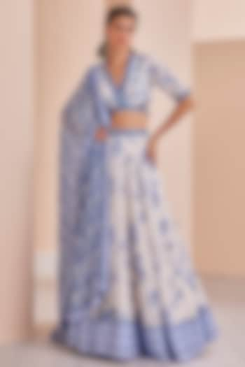 White & Blue Chanderi Printed Wedding Lehenga Set by Mandira Wirk at Pernia's Pop Up Shop