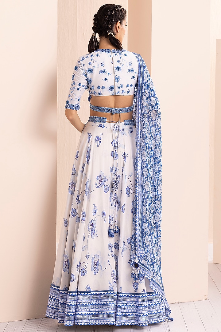 White & Blue Chanderi Printed Wedding Lehenga Set by Mandira Wirk - Indian at Pernia's Pop Up Shop