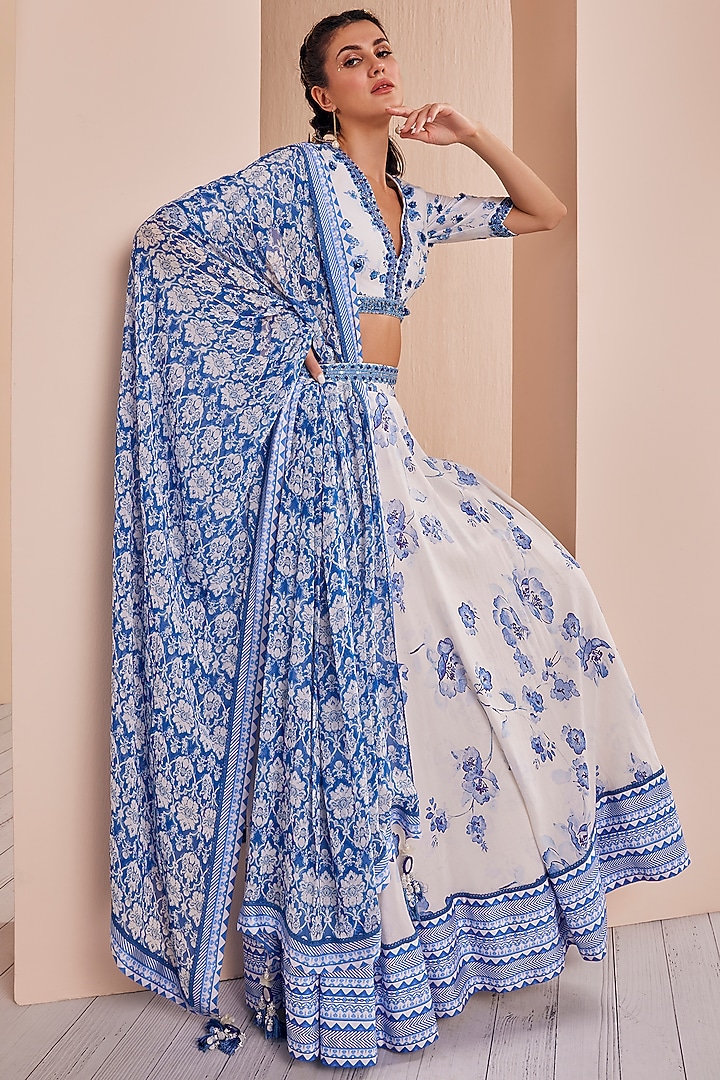 White & Blue Chanderi Printed Wedding Lehenga Set by Mandira Wirk - Indian at Pernia's Pop Up Shop
