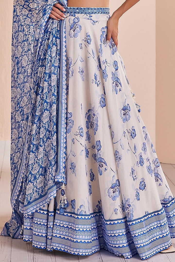 White & Blue Chanderi Printed Wedding Lehenga Set by Mandira Wirk - Indian at Pernia's Pop Up Shop