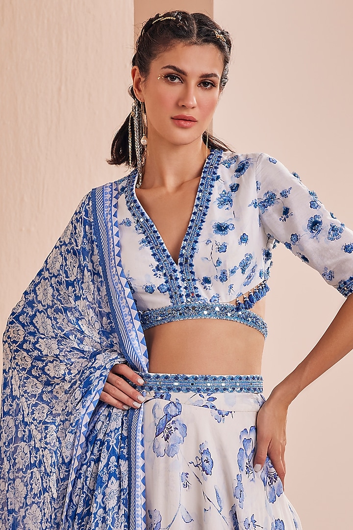 White & Blue Chanderi Printed Wedding Lehenga Set by Mandira Wirk - Indian at Pernia's Pop Up Shop