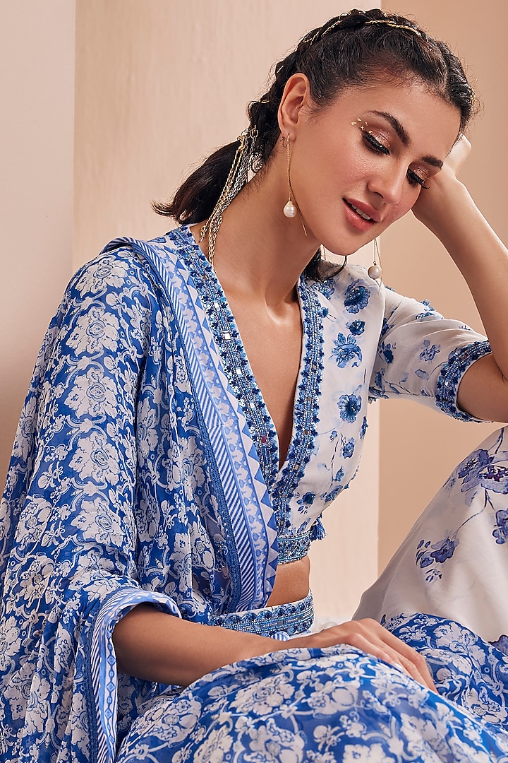 White & Blue Chanderi Printed Wedding Lehenga Set by Mandira Wirk - Indian at Pernia's Pop Up Shop