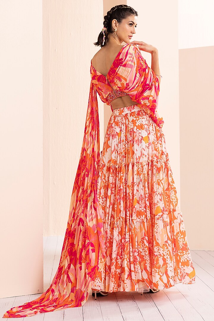 Orange Chiffon Printed Tiered Wedding Lehenga Set by Mandira Wirk - Indian at Pernia's Pop Up Shop