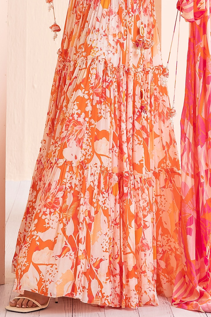 Orange Chiffon Printed Tiered Wedding Lehenga Set by Mandira Wirk - Indian at Pernia's Pop Up Shop