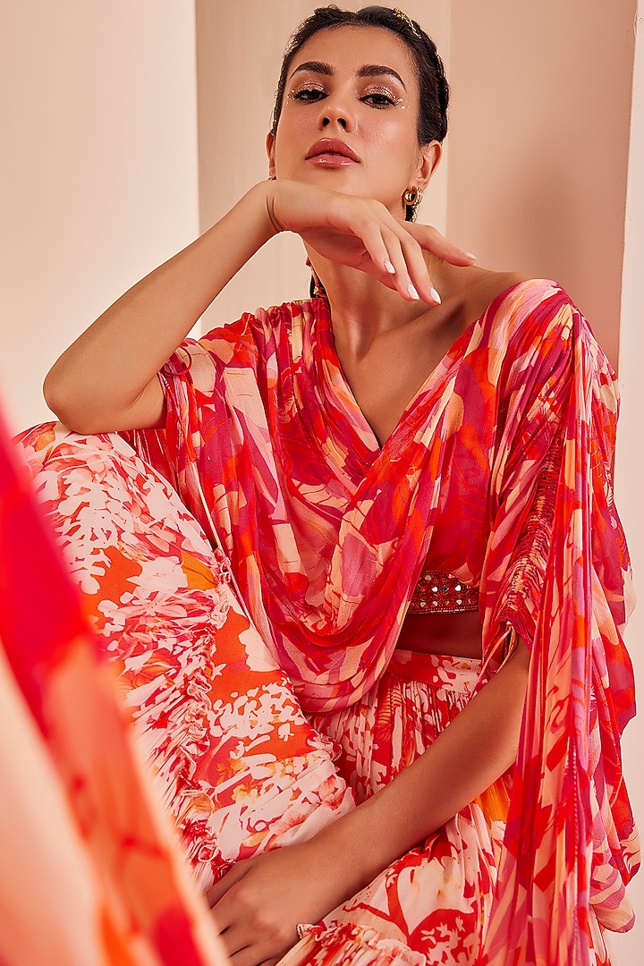 Orange Chiffon Printed Tiered Wedding Lehenga Set by Mandira Wirk - Indian at Pernia's Pop Up Shop