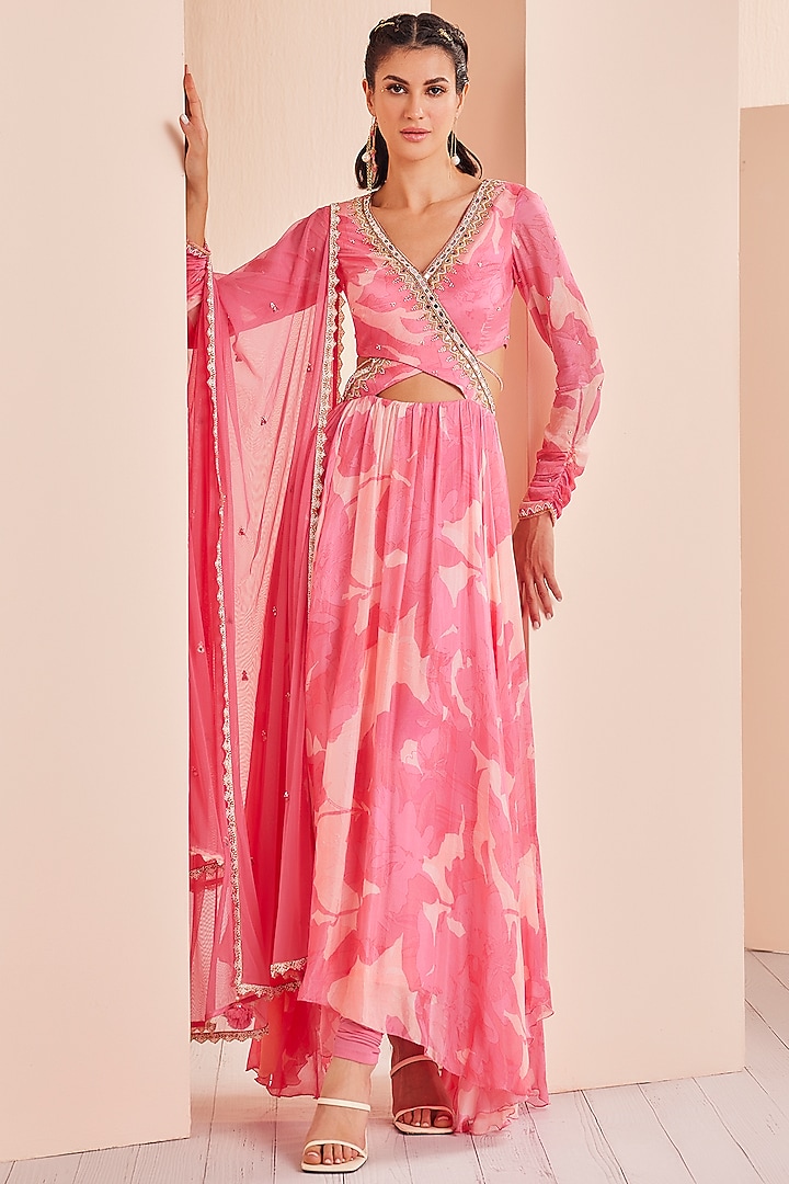 Pink Chiffon Printed Cut-Out Wedding Anarkali Set by Mandira Wirk - Indian at Pernia's Pop Up Shop
