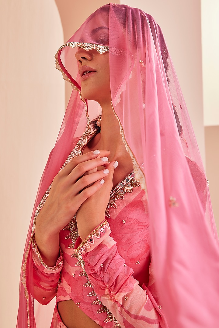 Pink Chiffon Printed Cut-Out Wedding Anarkali Set by Mandira Wirk - Indian at Pernia's Pop Up Shop